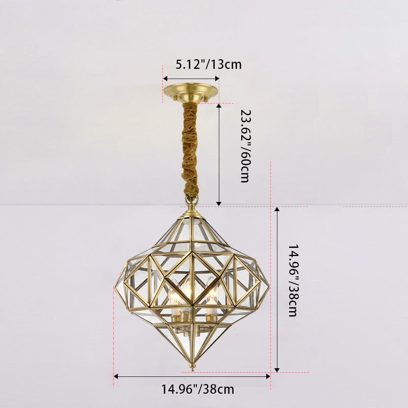 Modern Mid-Century Waterproof Copper Glass Cage Chandelier – Rhombic Cylinder, 1/3/4-Light Options for Outdoor Patio