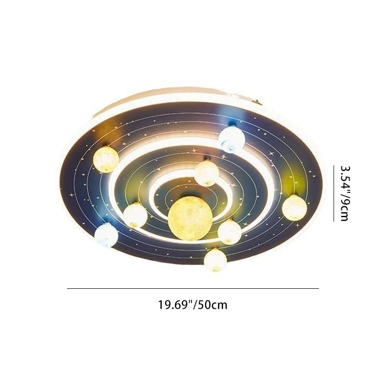 Round Space Planet LED Ceiling Light for Kids – Modern Iron Flush-Mount Fixture for Bedroom