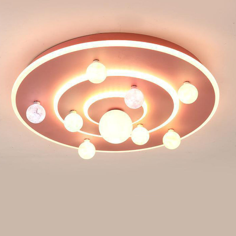 Round Space Planet LED Ceiling Light for Kids – Modern Iron Flush-Mount Fixture for Bedroom