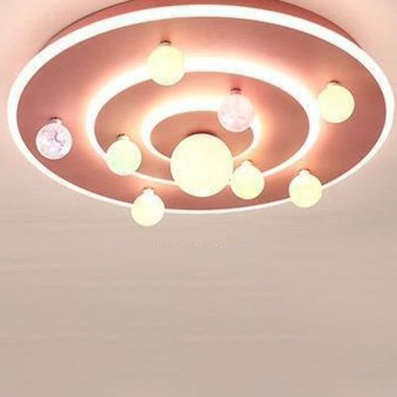 Round Space Planet LED Ceiling Light for Kids – Modern Iron Flush-Mount Fixture for Bedroom