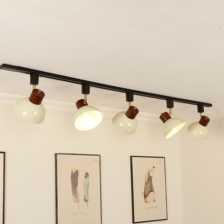 Nordic Contemporary Iron & Wood Bowl Track Light — Round, Adjustable 1 to 5 Lights, Semi-Flush Ceiling Fixture for Dining Room