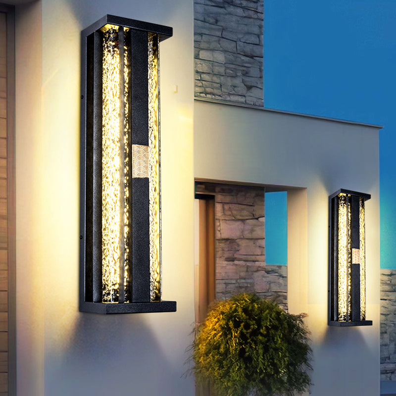 Traditional Luxury Solar LED Wall Sconce – Waterproof Stainless Steel, Acrylic, and Copper-Accented Rectangular Ripple Design with Motion Sensor for Outdoor Patio