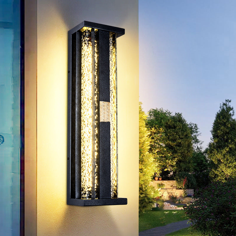 Traditional Luxury Solar LED Wall Sconce – Waterproof Stainless Steel, Acrylic, and Copper-Accented Rectangular Ripple Design with Motion Sensor for Outdoor Patio