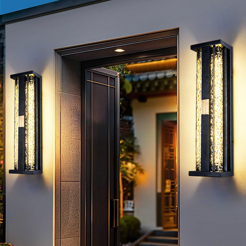 Traditional Luxury Solar LED Wall Sconce – Waterproof Stainless Steel, Acrylic, and Copper-Accented Rectangular Ripple Design with Motion Sensor for Outdoor Patio