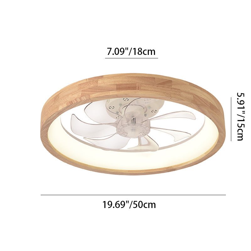 Traditional Japanese Solid Wood LED Flush-Mount Ceiling Fan Light – Round Hollow Design with Iron, Acrylic & ABS for Bedroom