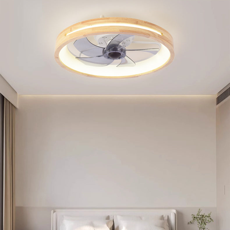 Traditional Japanese Solid Wood LED Flush-Mount Ceiling Fan Light – Round Hollow Design with Iron, Acrylic & ABS for Bedroom