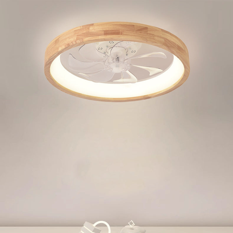 Traditional Japanese Solid Wood LED Flush-Mount Ceiling Fan Light – Round Hollow Design with Iron, Acrylic & ABS for Bedroom
