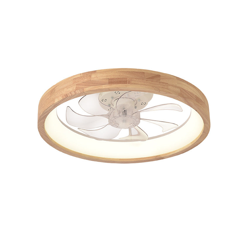 Traditional Japanese Solid Wood LED Flush-Mount Ceiling Fan Light – Round Hollow Design with Iron, Acrylic & ABS for Bedroom