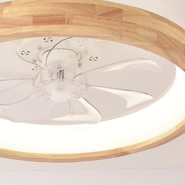 Traditional Japanese Solid Wood LED Flush-Mount Ceiling Fan Light – Round Hollow Design with Iron, Acrylic & ABS for Bedroom