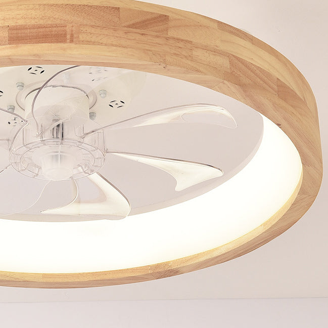Traditional Japanese Solid Wood LED Flush-Mount Ceiling Fan Light – Round Hollow Design with Iron, Acrylic & ABS for Bedroom