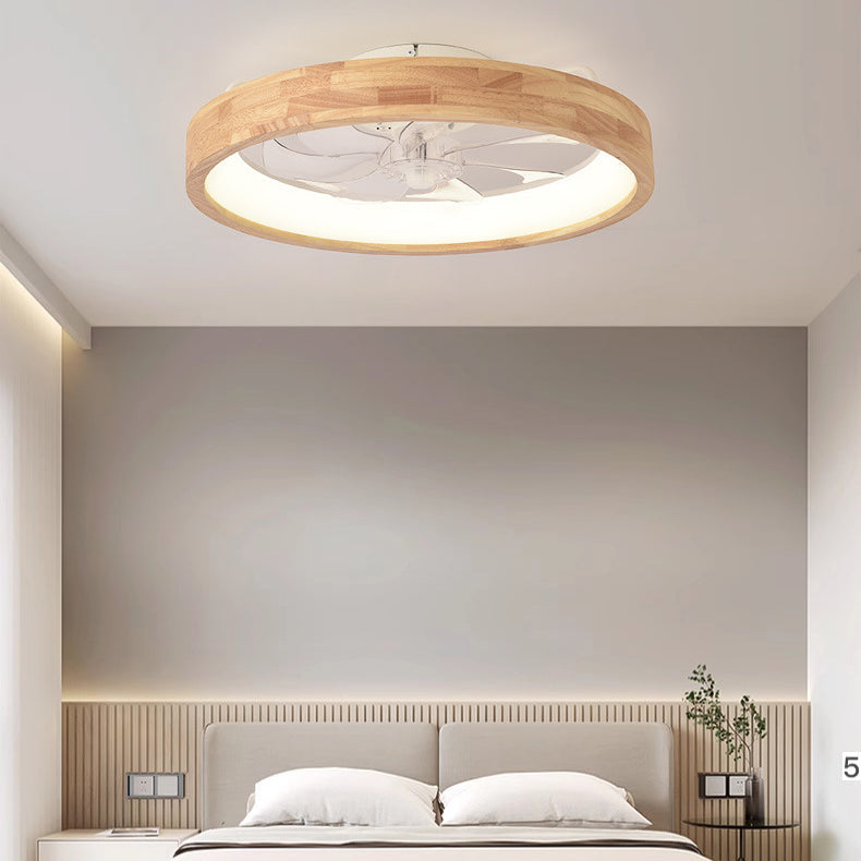 Traditional Japanese Solid Wood LED Flush-Mount Ceiling Fan Light – Round Hollow Design with Iron, Acrylic & ABS for Bedroom