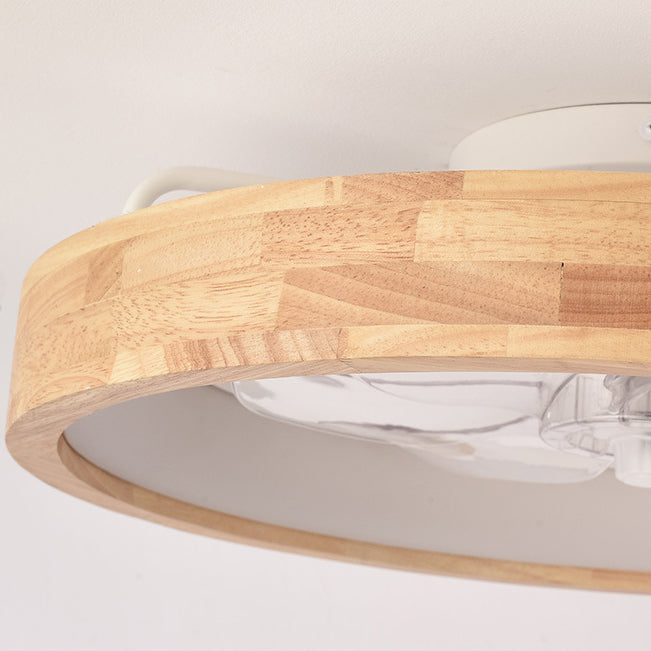 Traditional Japanese Solid Wood LED Flush-Mount Ceiling Fan Light – Round Hollow Design with Iron, Acrylic & ABS for Bedroom