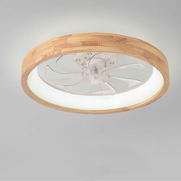 Traditional Japanese Solid Wood LED Flush-Mount Ceiling Fan Light – Round Hollow Design with Iron, Acrylic & ABS for Bedroom