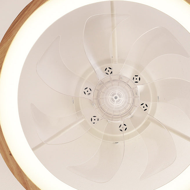 Traditional Japanese Solid Wood LED Flush-Mount Ceiling Fan Light – Round Hollow Design with Iron, Acrylic & ABS for Bedroom