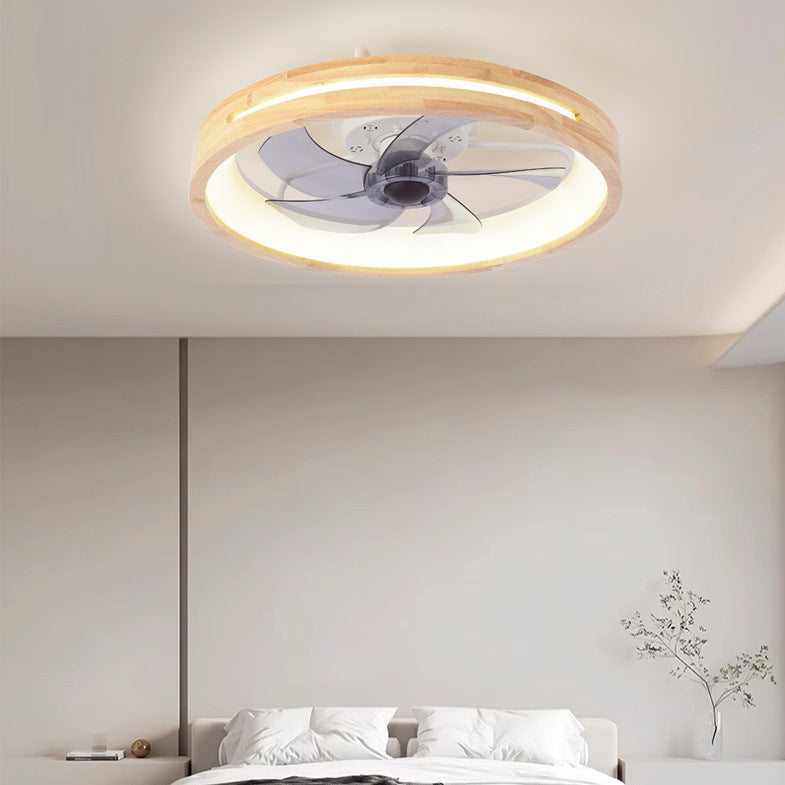 Traditional Japanese Solid Wood LED Flush-Mount Ceiling Fan Light – Round Hollow Design with Iron, Acrylic & ABS for Bedroom