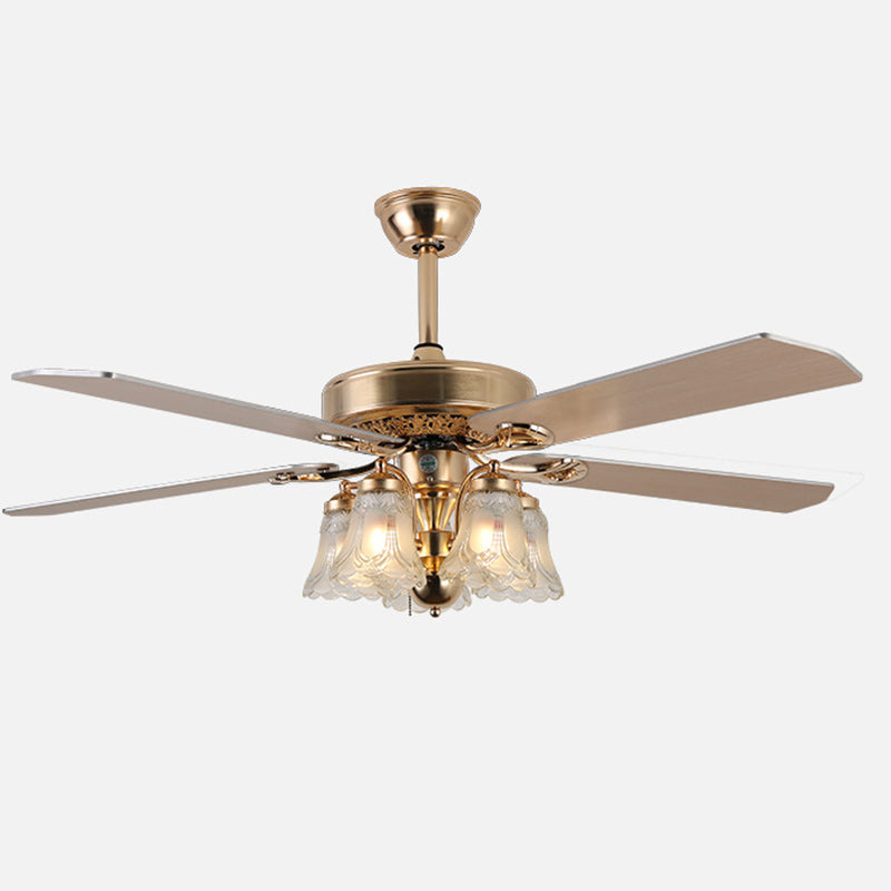 Traditional European Bell Floral Ceiling Fan Light with Iron & Wood, PVC Glass, 5-Light Downrod for Living Room