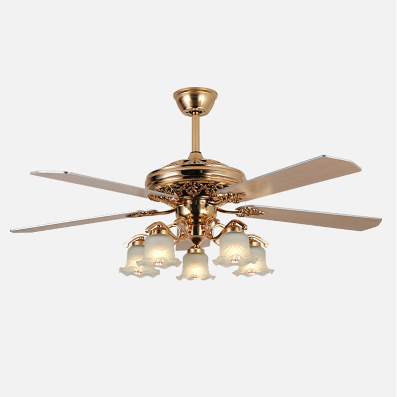 Traditional European Bell Floral Ceiling Fan Light with Iron & Wood, PVC Glass, 5-Light Downrod for Living Room