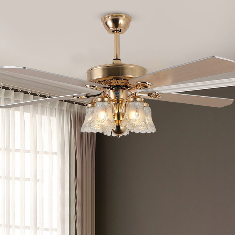 Traditional European Bell Floral Ceiling Fan Light with Iron & Wood, PVC Glass, 5-Light Downrod for Living Room