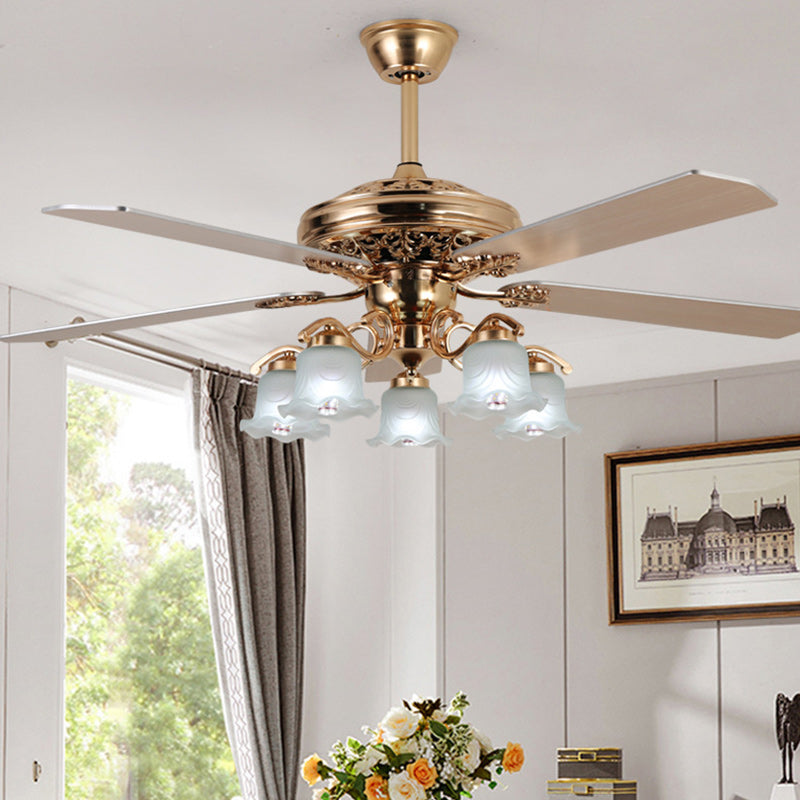Traditional European Bell Floral Ceiling Fan Light with Iron & Wood, PVC Glass, 5-Light Downrod for Living Room