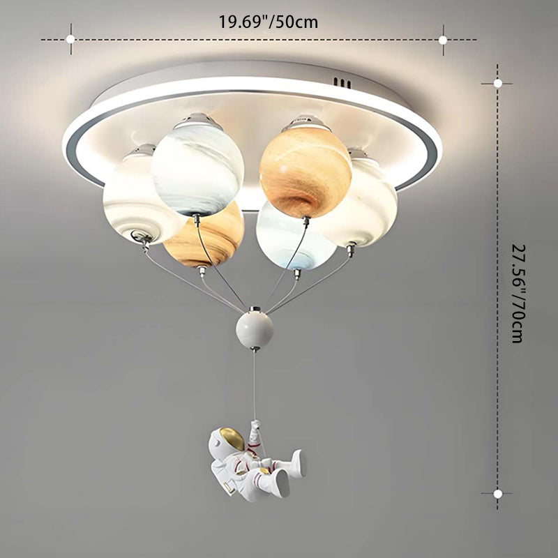 Contemporary Kids Space Ceiling Light – 6-LED, Iron, Resin & Glass Semi-Flush Mount with Planet, Hot Air Balloon & Astronaut Design for Bedroom