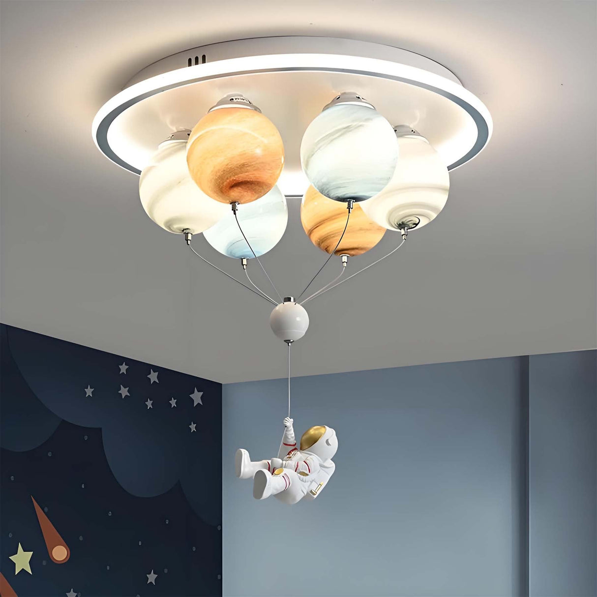 Contemporary Kids Space Ceiling Light – 6-LED, Iron, Resin & Glass Semi-Flush Mount with Planet, Hot Air Balloon & Astronaut Design for Bedroom