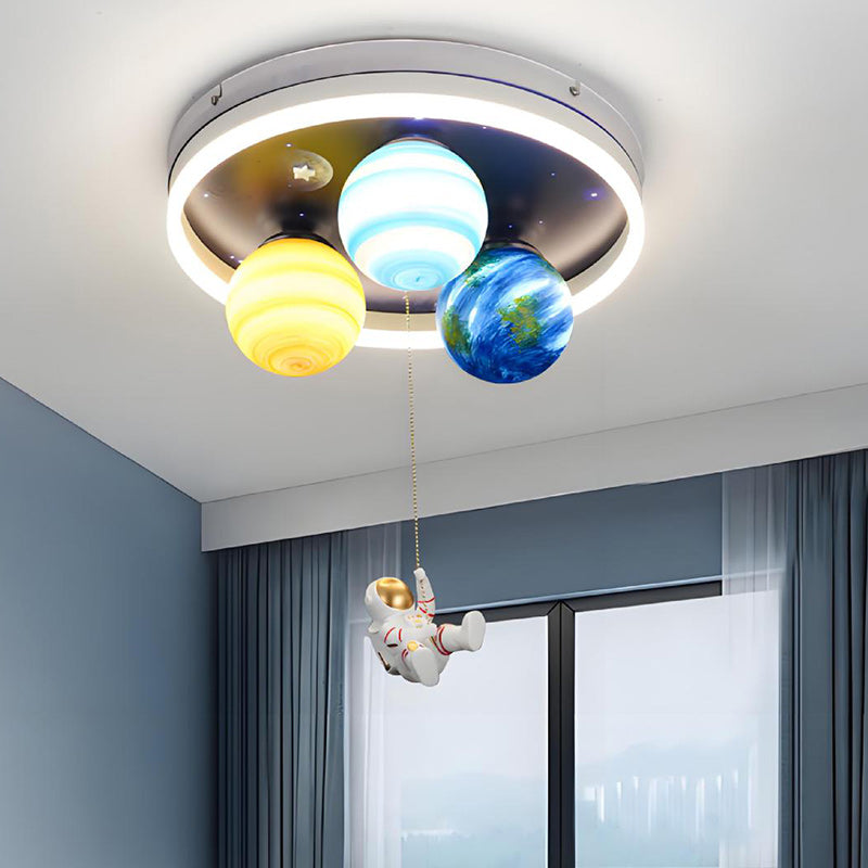 Contemporary Kids Space Ceiling Light – 6-LED, Iron, Resin & Glass Semi-Flush Mount with Planet, Hot Air Balloon & Astronaut Design for Bedroom