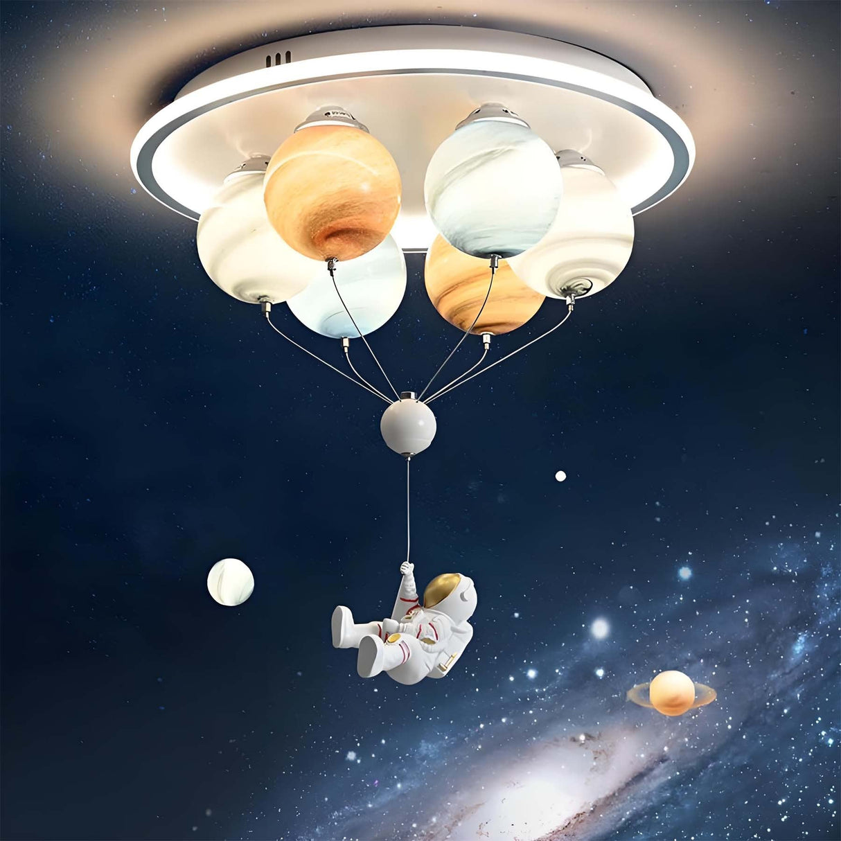 Contemporary Kids Space Ceiling Light – 6-LED, Iron, Resin & Glass Semi-Flush Mount with Planet, Hot Air Balloon & Astronaut Design for Bedroom