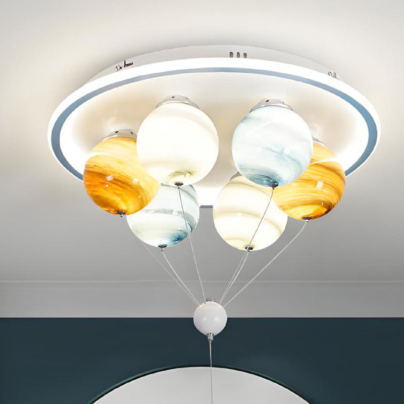 Contemporary Kids Space Ceiling Light – 6-LED, Iron, Resin & Glass Semi-Flush Mount with Planet, Hot Air Balloon & Astronaut Design for Bedroom