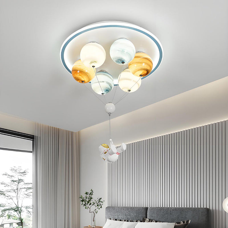 Contemporary Kids Space Ceiling Light – 6-LED, Iron, Resin & Glass Semi-Flush Mount with Planet, Hot Air Balloon & Astronaut Design for Bedroom