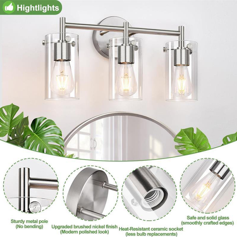 Sleek Contemporary Industrial Metal & Glass Cylinder 3‑Light Wall Sconce for Bathroom Vanity