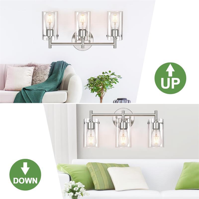 Sleek Contemporary Industrial Metal & Glass Cylinder 3‑Light Wall Sconce for Bathroom Vanity