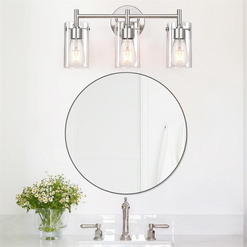 Sleek Contemporary Industrial Metal & Glass Cylinder 3‑Light Wall Sconce for Bathroom Vanity