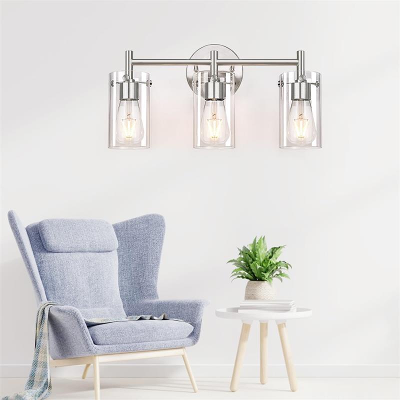 Sleek Contemporary Industrial Metal & Glass Cylinder 3‑Light Wall Sconce for Bathroom Vanity