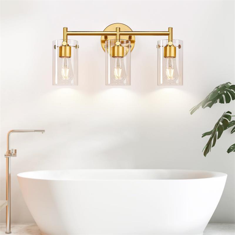 Sleek Contemporary Industrial Metal & Glass Cylinder 3‑Light Wall Sconce for Bathroom Vanity