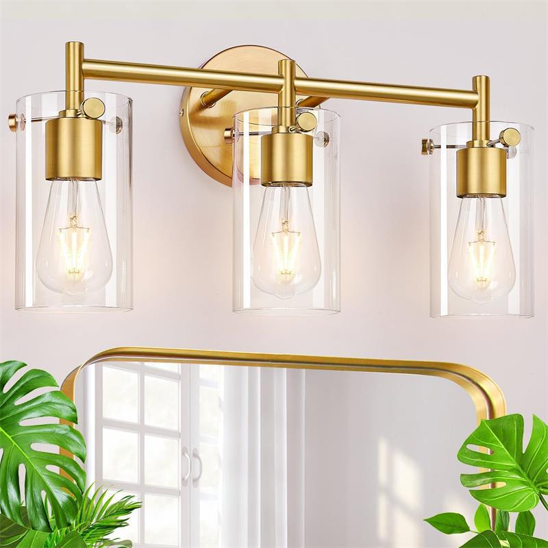 Sleek Contemporary Industrial Metal & Glass Cylinder 3‑Light Wall Sconce for Bathroom Vanity