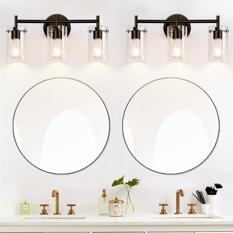 Sleek Contemporary Industrial Metal & Glass Cylinder 3‑Light Wall Sconce for Bathroom Vanity