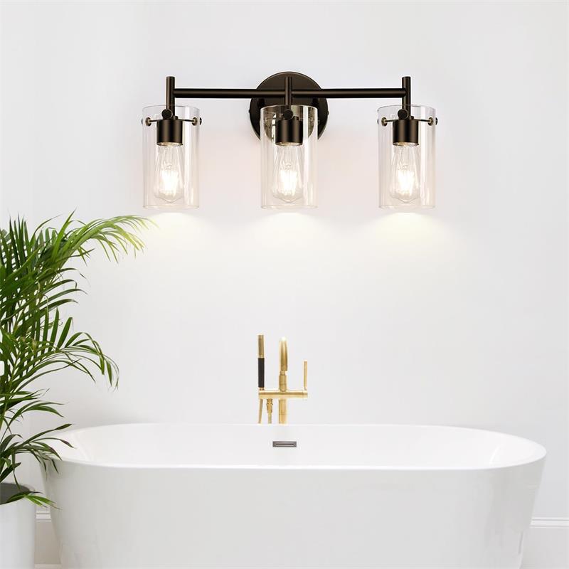 Sleek Contemporary Industrial Metal & Glass Cylinder 3‑Light Wall Sconce for Bathroom Vanity