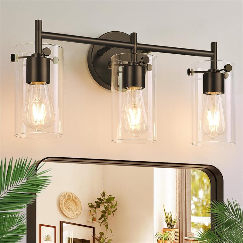 Sleek Contemporary Industrial Metal & Glass Cylinder 3‑Light Wall Sconce for Bathroom Vanity