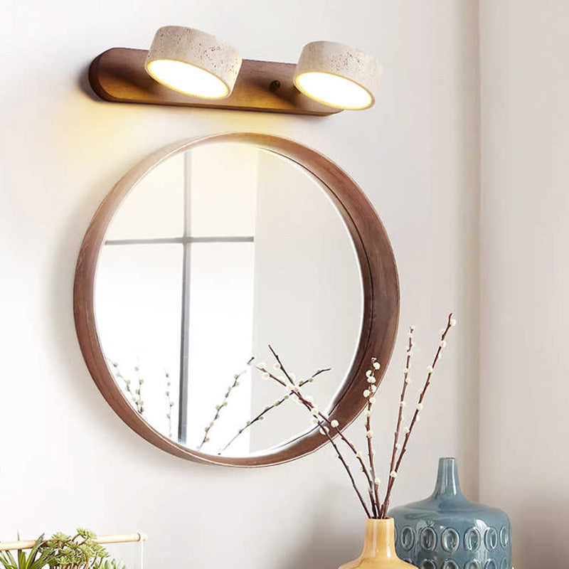 Traditional Japanese Travertine Wood Round Rotating LED Wall Sconce Lamp – Bathroom Vanity Lighting