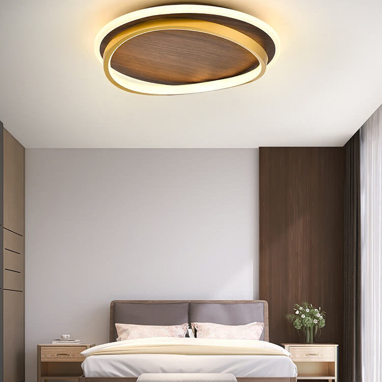 Sleek Nordic Minimalist Circular Walnut-Grain LED Flush-Mount Ceiling Light