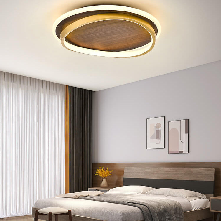 Sleek Nordic Minimalist Circular Walnut-Grain LED Flush-Mount Ceiling Light