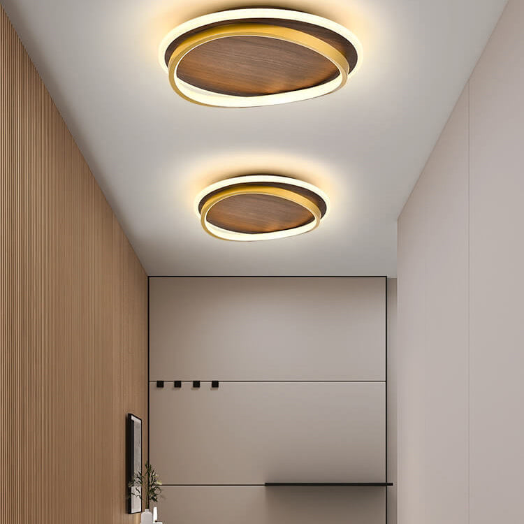 Sleek Nordic Minimalist Circular Walnut-Grain LED Flush-Mount Ceiling Light