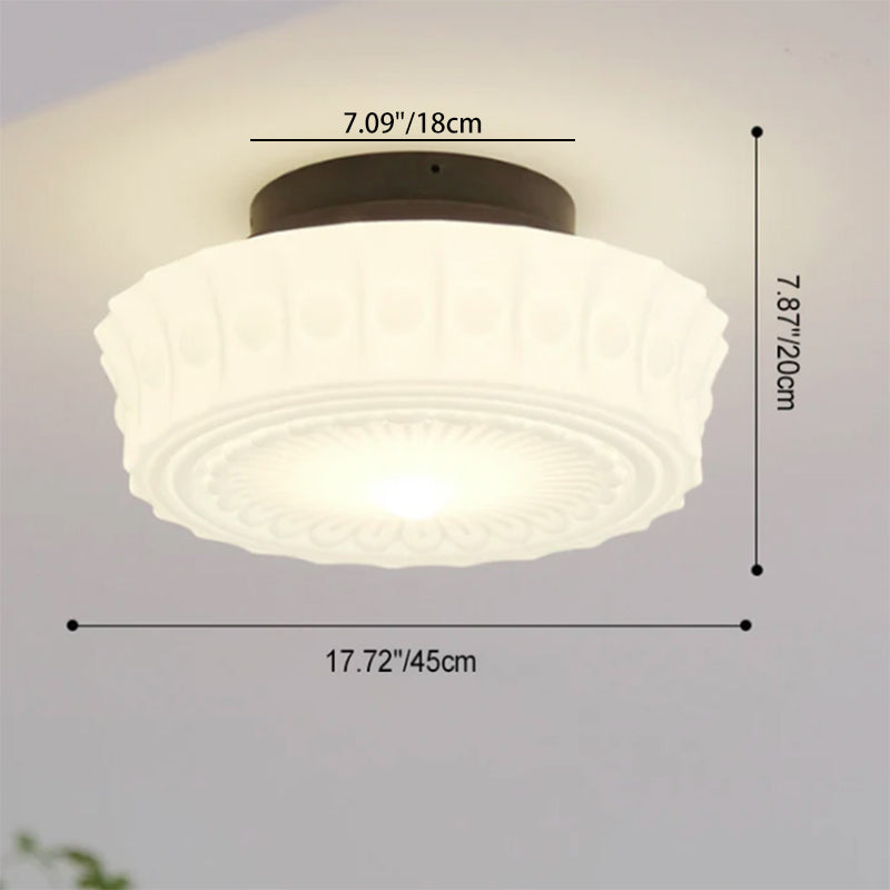 French Vintage White Jade Glass Striped Round Drum LED Semi-Flush Ceiling Light