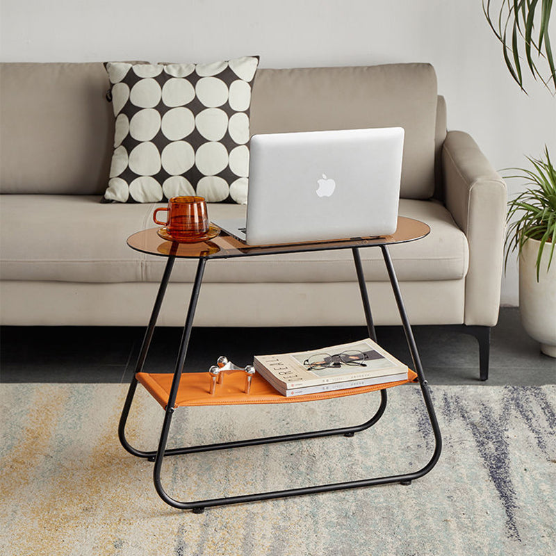 Two-Tier Modern Minimalist Trapezoid Side Table with Tempered Glass, Faux Leather and Steel – Living Room Accent