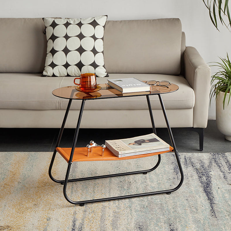 Two-Tier Modern Minimalist Trapezoid Side Table with Tempered Glass, Faux Leather and Steel – Living Room Accent