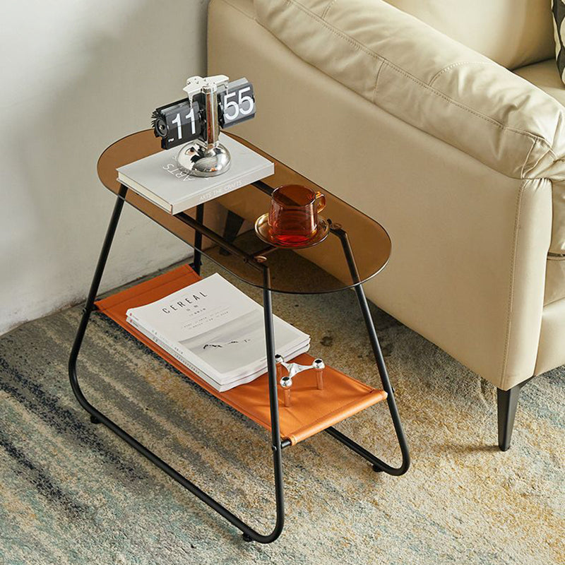 Two-Tier Modern Minimalist Trapezoid Side Table with Tempered Glass, Faux Leather and Steel – Living Room Accent