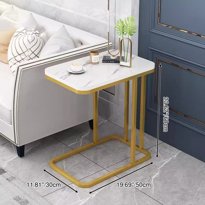 Modern Minimalist Rectangular Marble-Pattern MDF and Steel Side Table, 1/2-Tier Design for Living Room