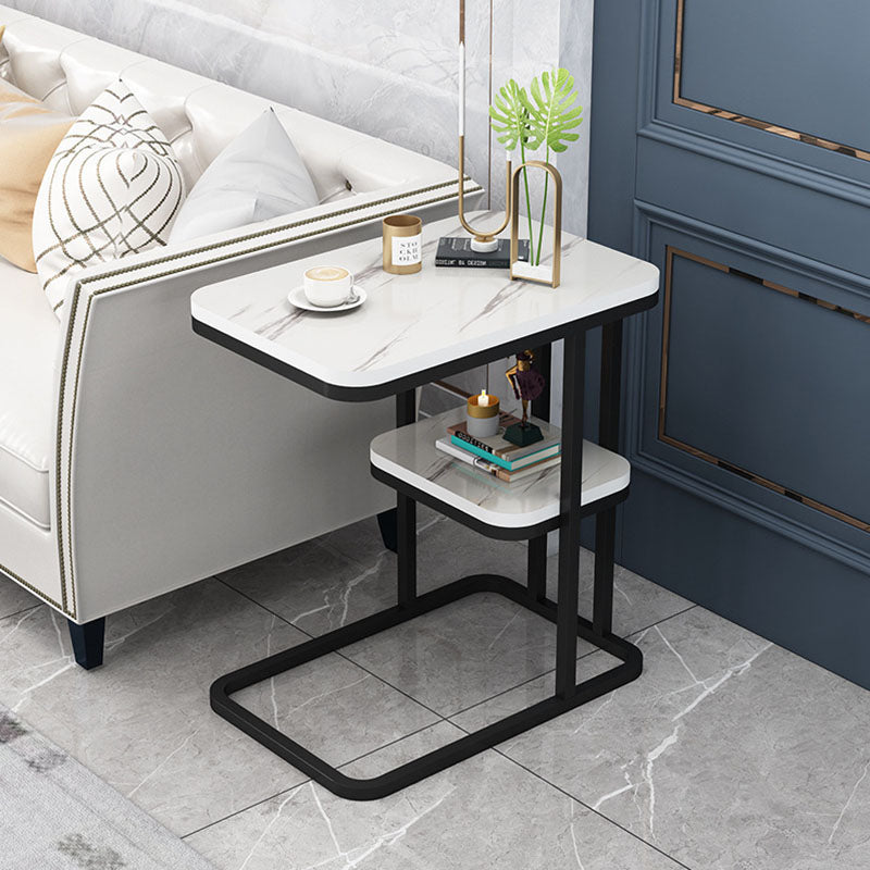 Modern Minimalist Rectangular Marble-Pattern MDF and Steel Side Table, 1/2-Tier Design for Living Room
