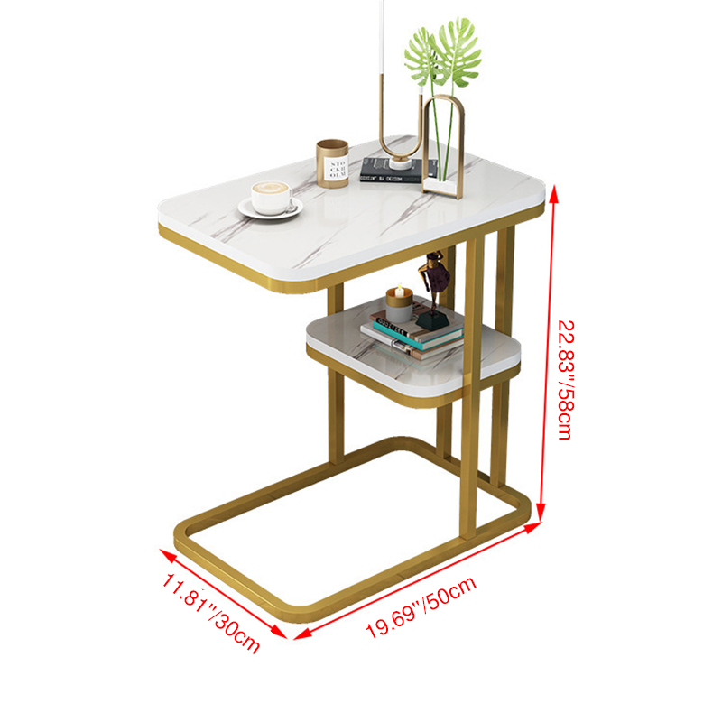 Modern Minimalist Rectangular Marble-Pattern MDF and Steel Side Table, 1/2-Tier Design for Living Room