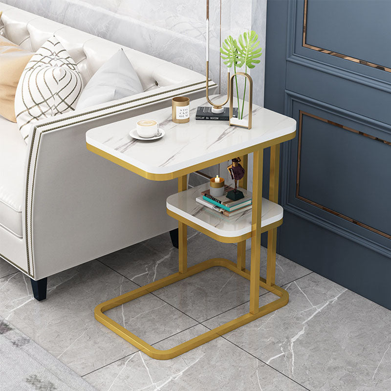 Modern Minimalist Rectangular Marble-Pattern MDF and Steel Side Table, 1/2-Tier Design for Living Room